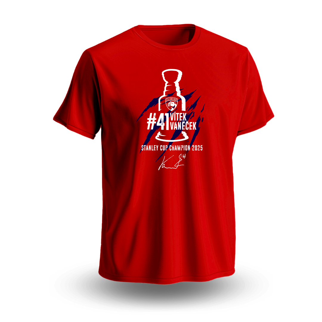 Florida Panthers pánské tričko Vítek Vaněček #92 Stanley Cup Champion 2025 red