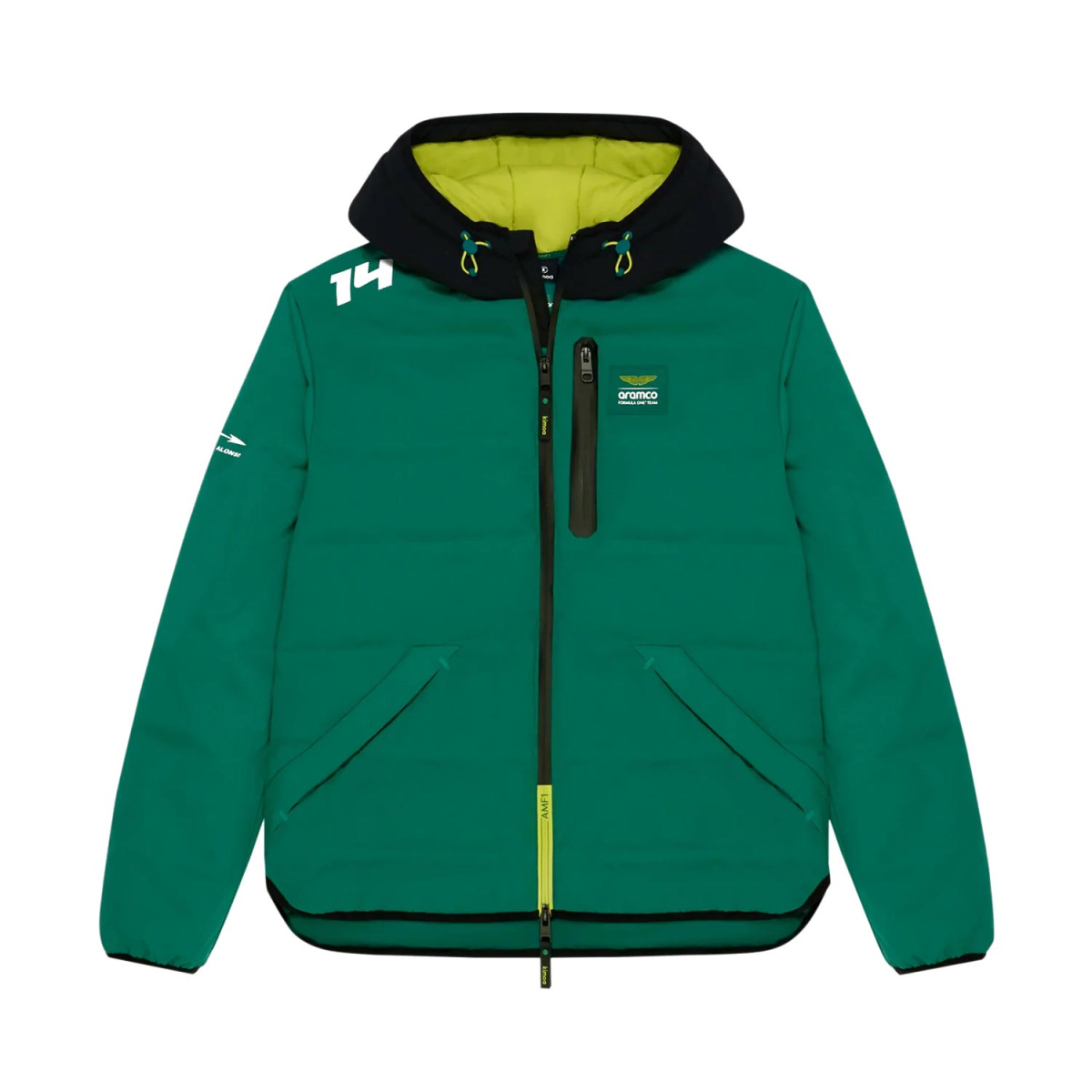 Aston Martin pánská bunda s kapucí Puffy Alonso green F1 Team 2025